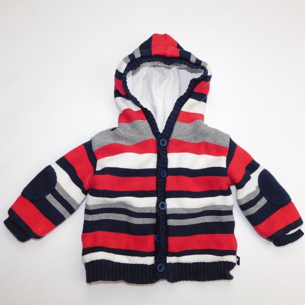 Kitestrings Striped Knit Hooded lined Cardigan Sweater Red White Baby 0-3 Month